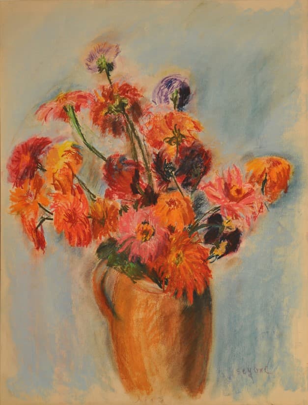 Bouquet au pot de grès, oeuvre de Lyne Seybel, collection Fleurs & Bouquets, Pastel, 65x50 cm