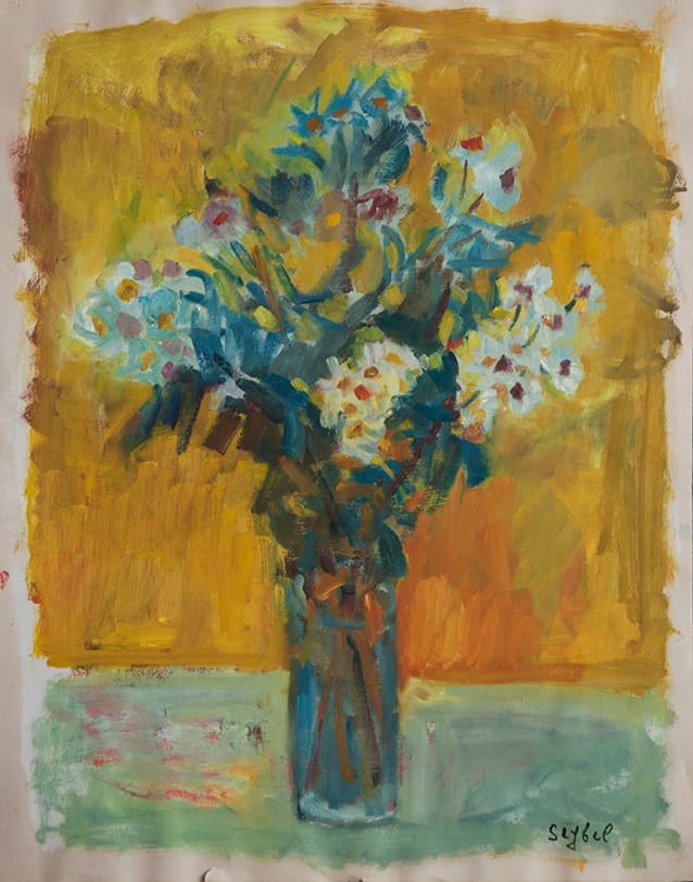 Bouquet au fond jaune, oeuvre de Lyne Seybel, collection Fleurs & Bouquets, Gouache sur papier, 65x50 cm