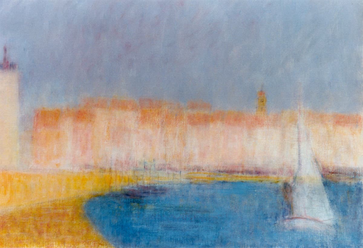 Saint-Tropez, oeuvre de Lyne Seybel, collection Marines, Huile sur toile sous-verre, 25x42 cm
