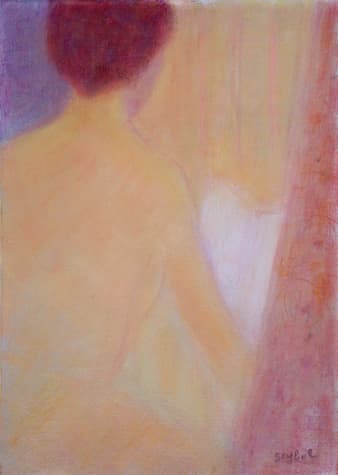 Nu au rideau rose, oeuvre de Lyne Seybel, collection Nus, Huile, 65x46 cm