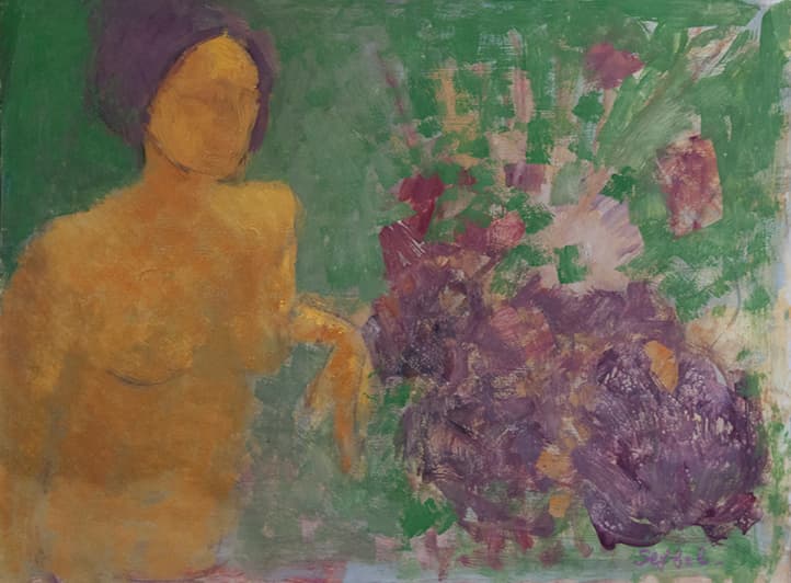 Nu aux fleurs, oeuvre de Lyne Seybel, collection Nus, Gouache, 50x65 cm