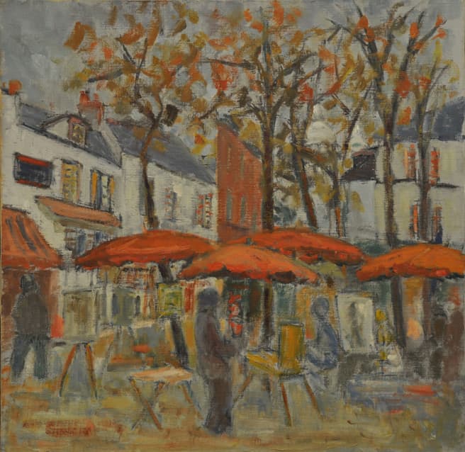 Montmartre Place du Tertre l'été, oeuvre de Lyne Seybel, collection Paris, Huile, 50x50 cm