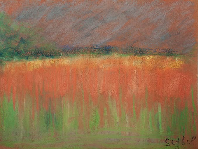 Effets de soleil couchant à la tombée de la nuit, oeuvre de Lyne Seybel, collection Paysages, Pastel, 24x42 cm