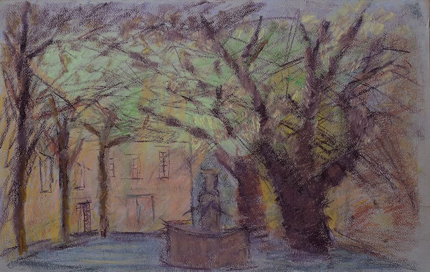 Place du village de Tourtour en Provence, oeuvre de Lyne Seybel, collection Paysages, Pastel, 32.5x49 cm