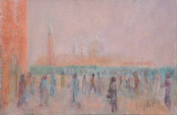 Promeneurs à Venise, oeuvre de Lyne Seybel, collection Venise, Huile, 27x41 cm