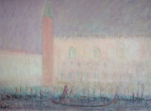 Bruine sur le Palais des Doges, oeuvre de Lyne Seybel, collection Venise, Huile, 73x100 cm